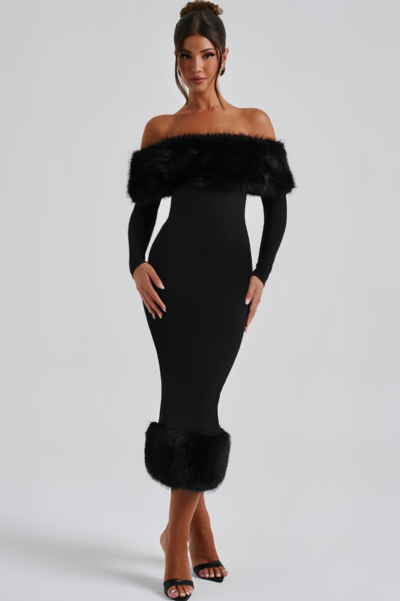 Elegant One Shoulder Fur Collar Slim Midi Dresses