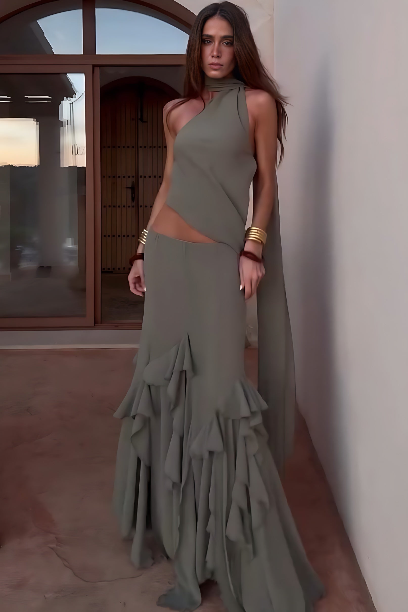 Olive Mirag Draped Ruffle Skirt Set