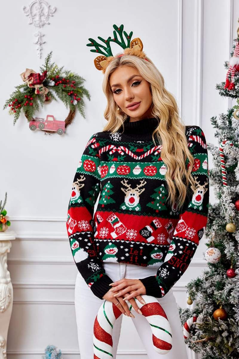 Hochgeschlossener Pullover mit weihnachtlicher Schneemann-Stickerei