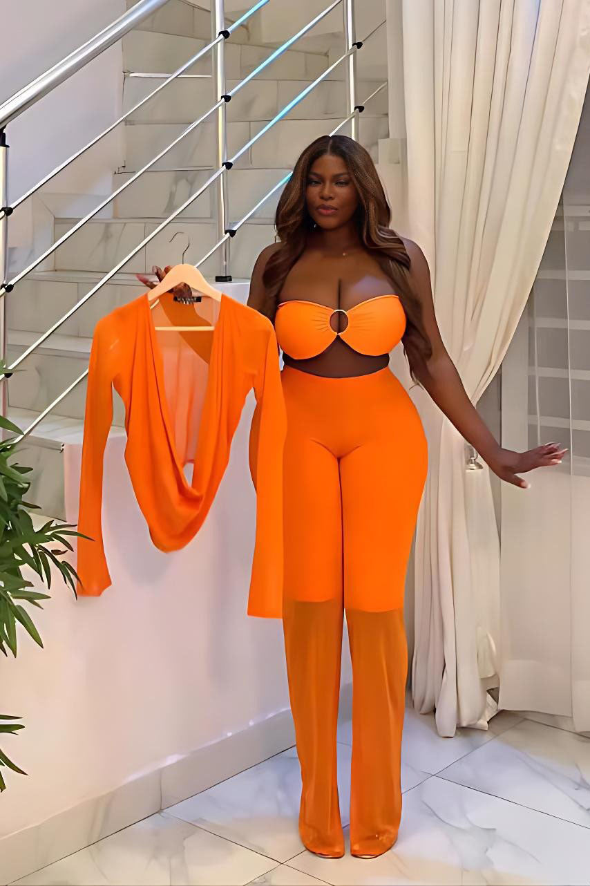 Conjunto transparente vibrante de tres piezas en naranja