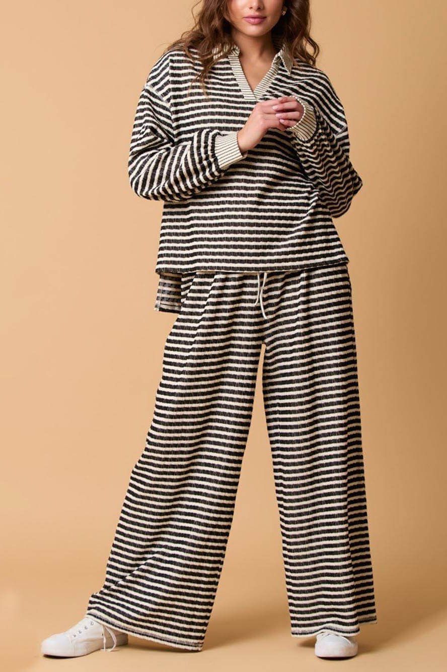 Casual Two-Color Striped Long-Sleeved Trousers Two-Piece Set