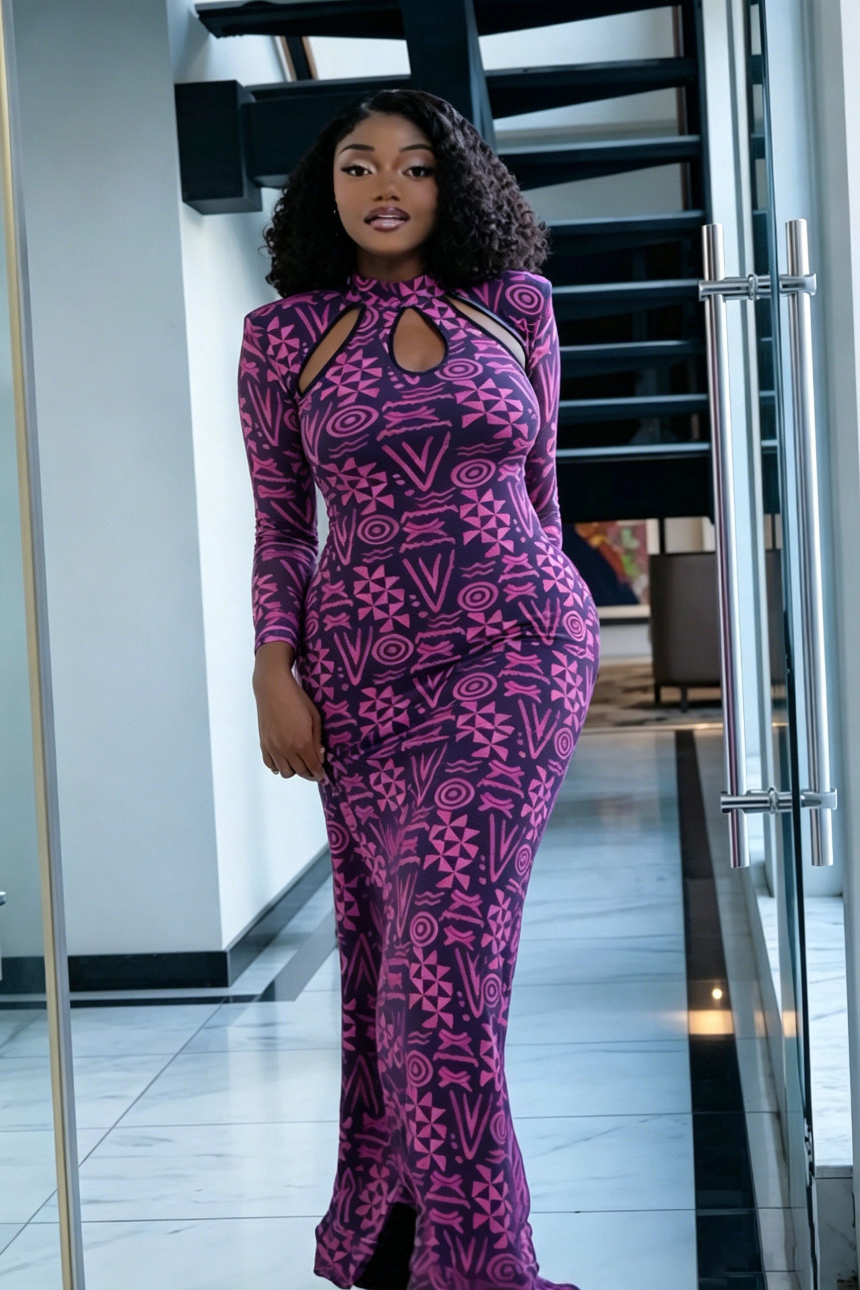 Vestido Maxi em Malha com Padrão Totem
