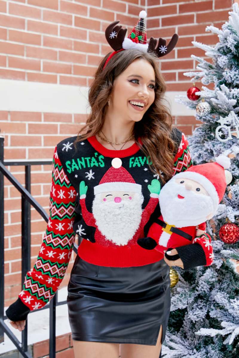 Bestickt Santa Claus Muster Casual Crew Neck Stréck Pullover