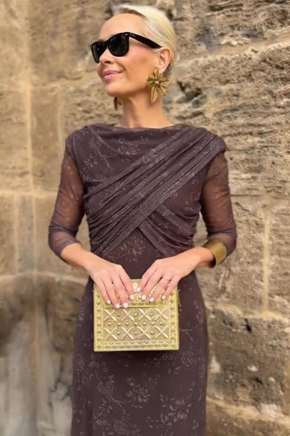 Luxury Brown Tulle Midi Dress