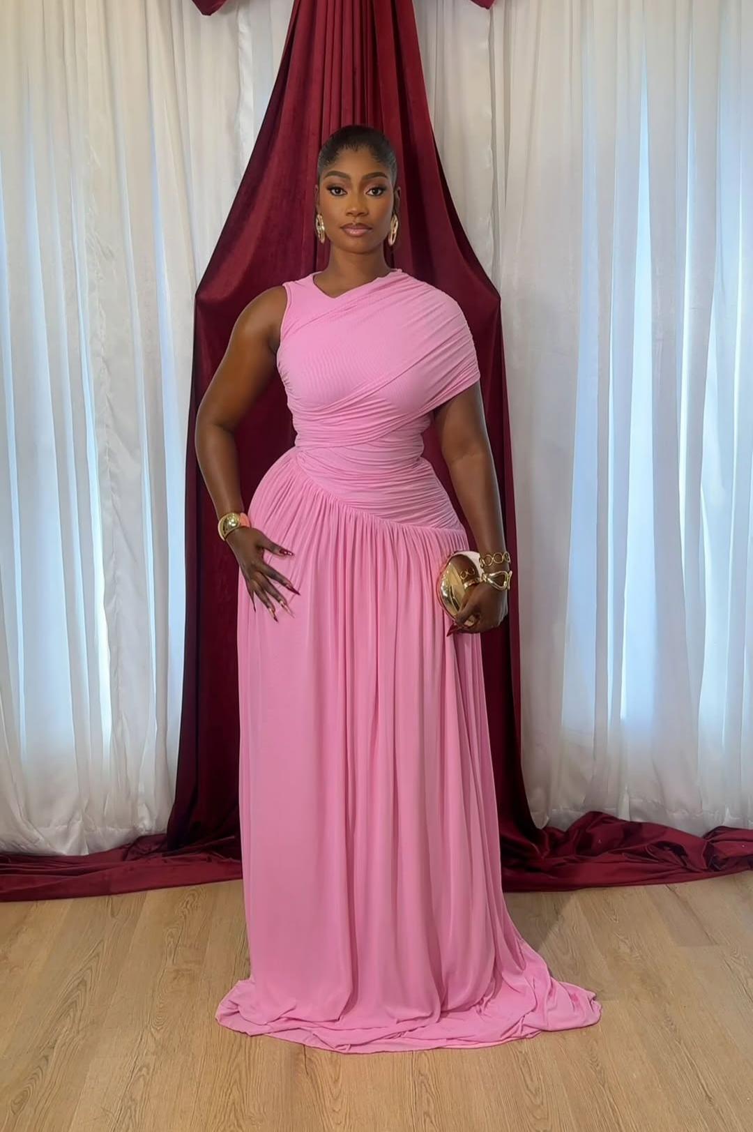 Hot Pink One-Shoulder Ruched Maxi Dress