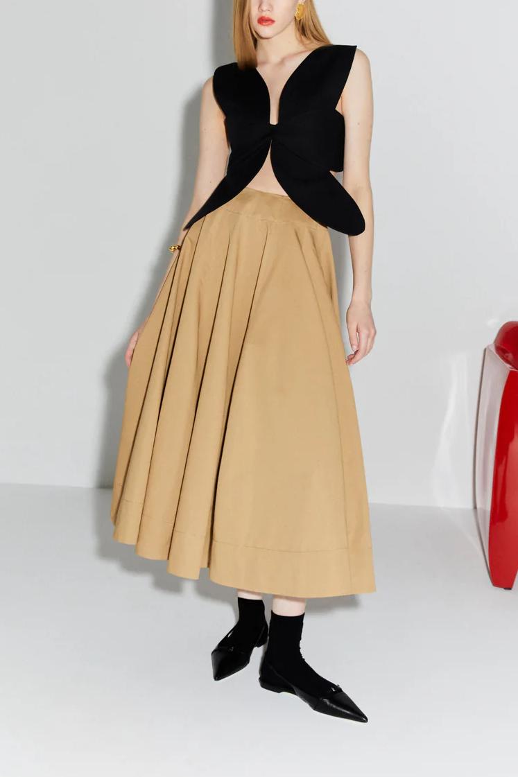 Floral Shape Cutout Top & Pleated Cotton-Poplin Midi Skirt