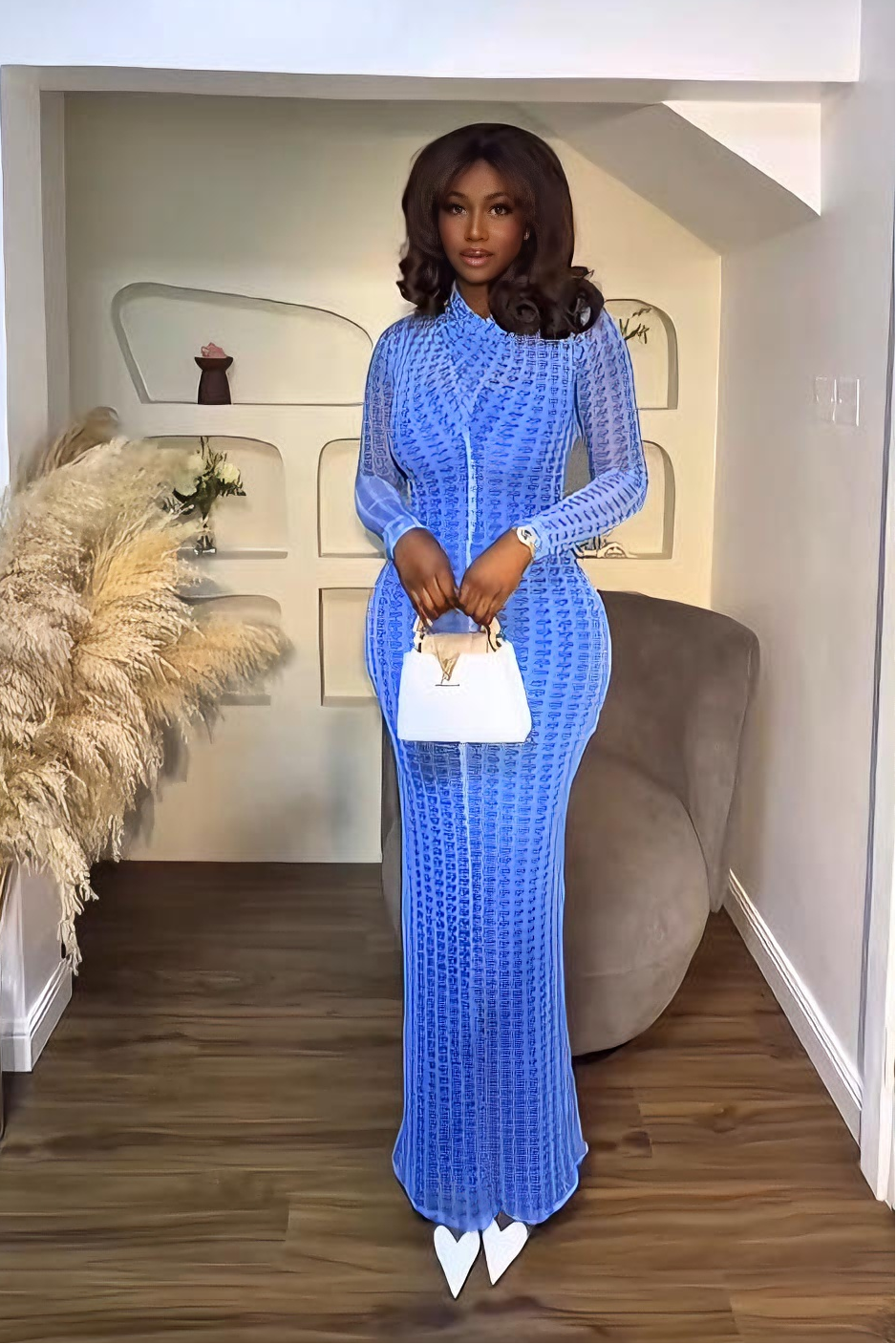 Electric Blue Sheer Texture Bodycon Maxi Dress