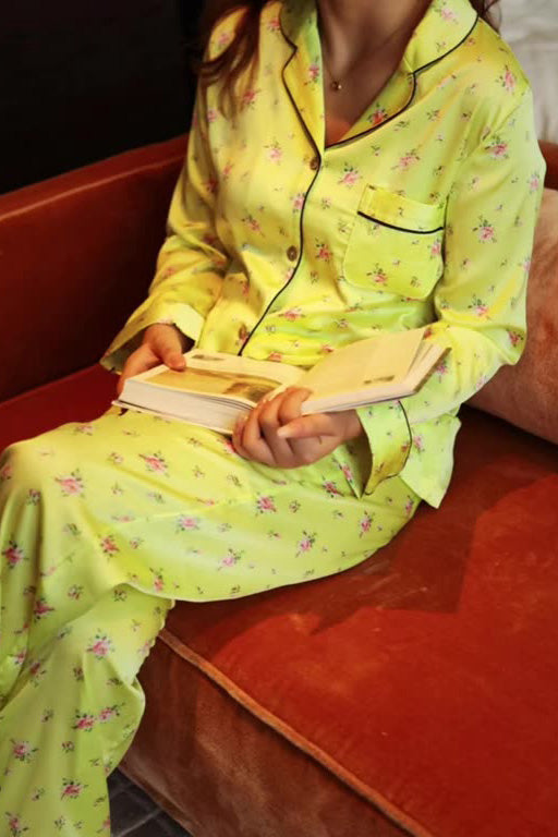 Fluorescent Green Floral Long Sleeve Pajama Set