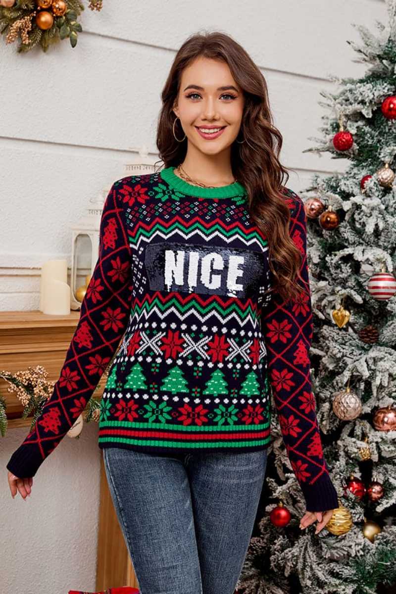 Pull tricoté en jacquard de Noël brodé de paillettes