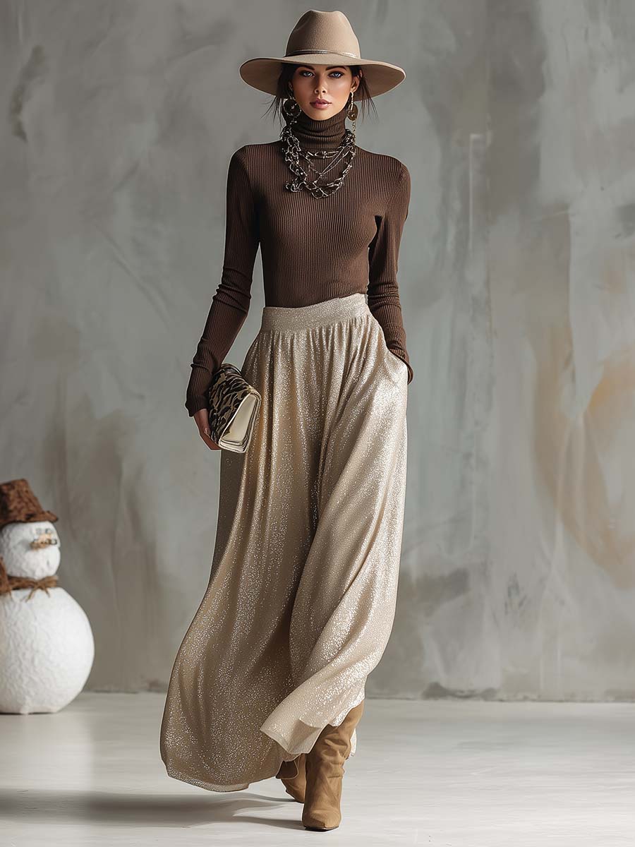 Conjunto elegante y a la moda de top marrón retro de cuello alto tejido y falda plateada brillante