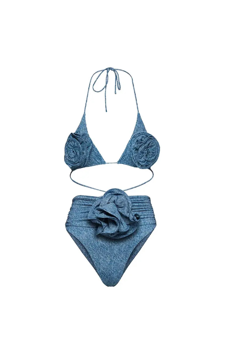 3D Floral Halter Sexy Bikini Set