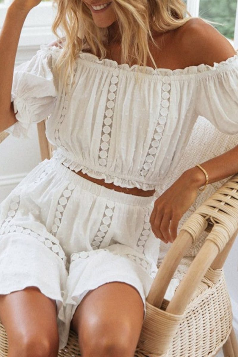 White Lace Crop Top and Skirt Matching Sets