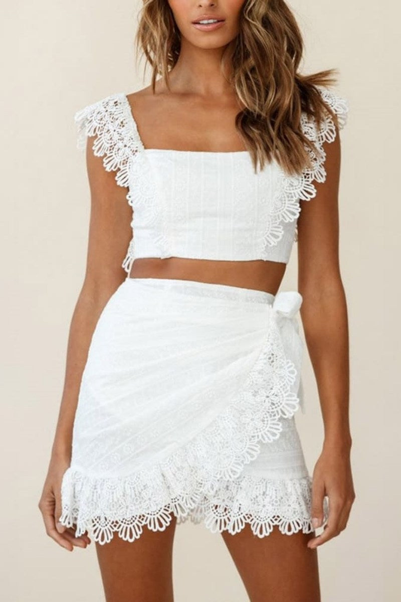 Witte Sonnet kanten crop top en rok set