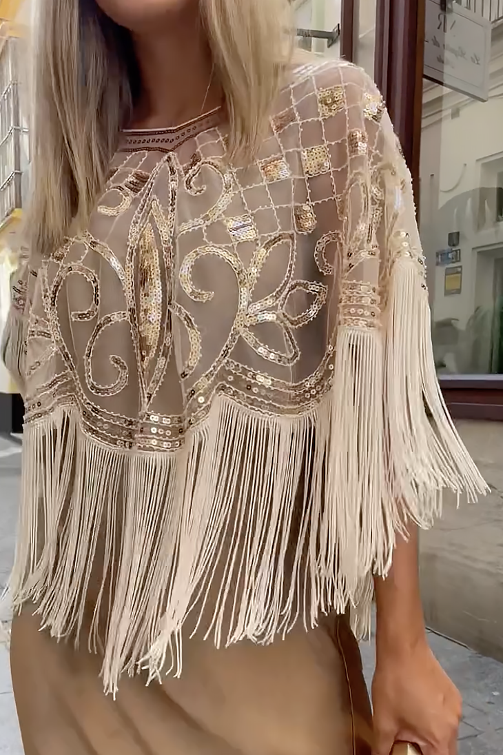 Party Ready Sequin Fringe Cape Satin Dress