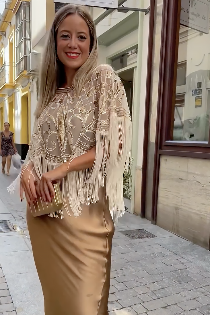 Party Ready Sequin Fringe Cape Satin Dress