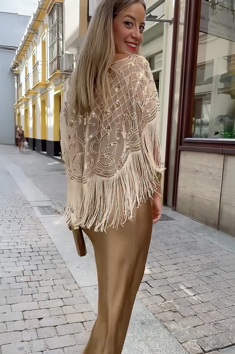 Party Ready Sequin Fringe Cape Satin Dress