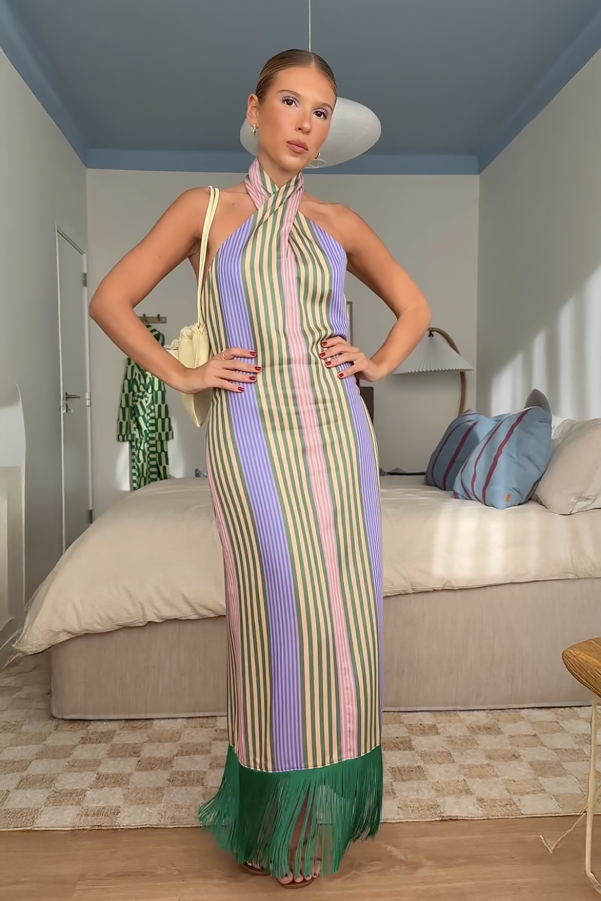 Multicolor Striped Halter Maxi Dress