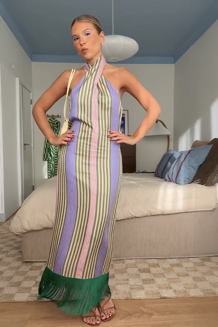 Multicolor Striped Halter Maxi Dress