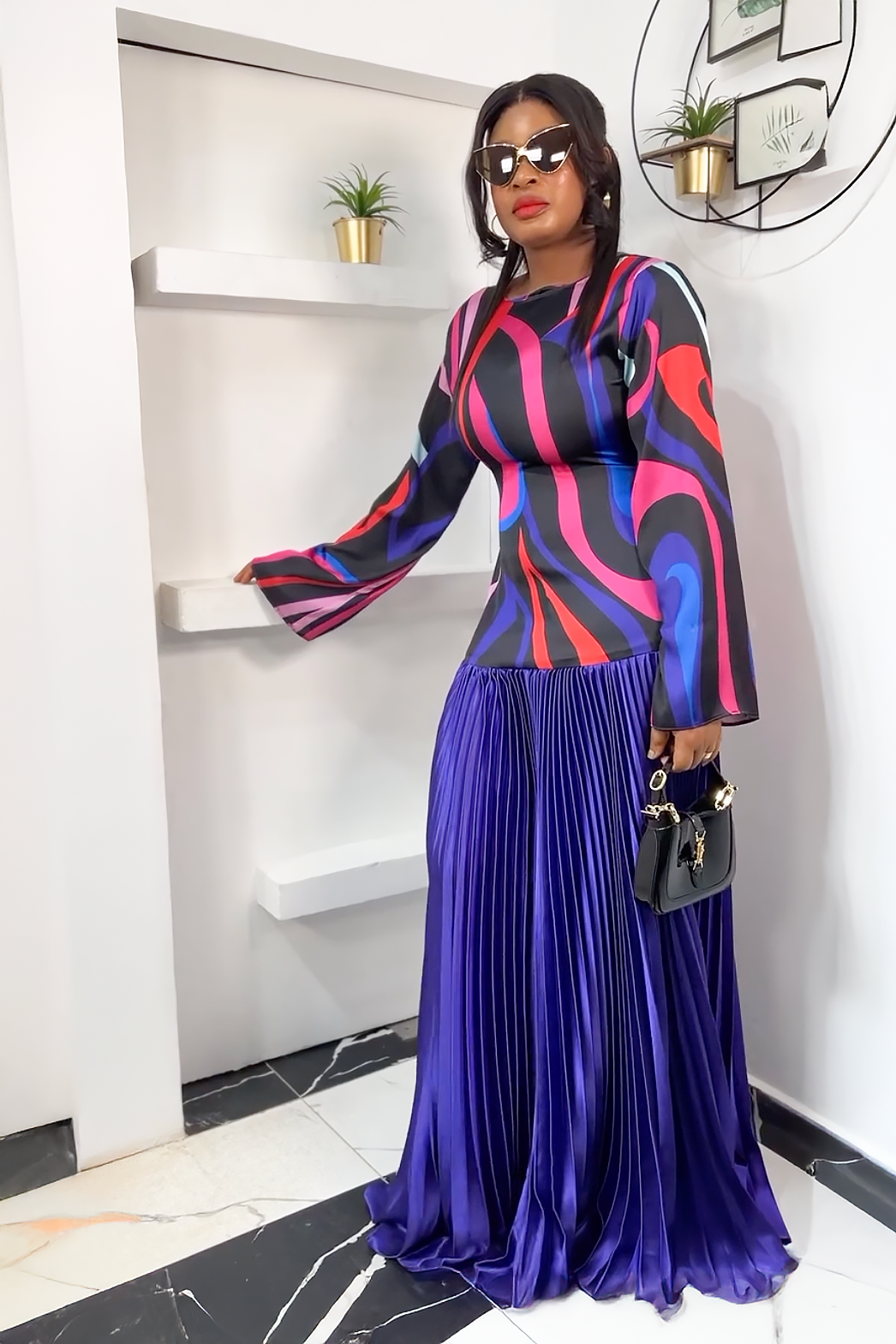 Abstract Wave Pleated Maxi Dress