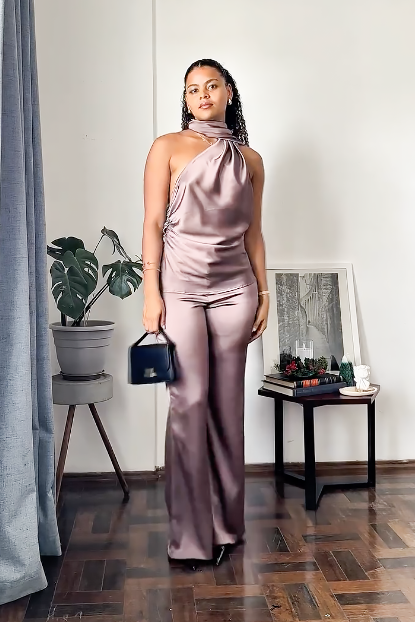 Mauve Satin Halter Pants Set