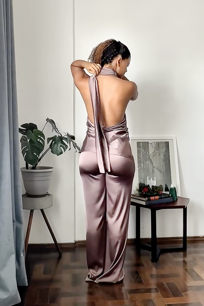 Mauve Satin Halter Pants Set