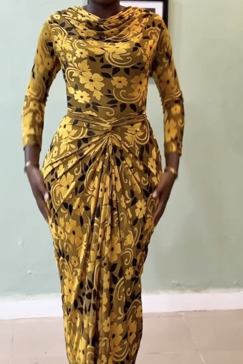 Golden Yellow Floral Print Dress