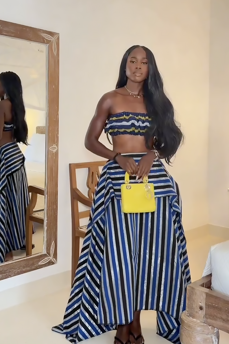 Asymmetrisk Stribet Maxi-Nederdel med Høj-Lav Kant