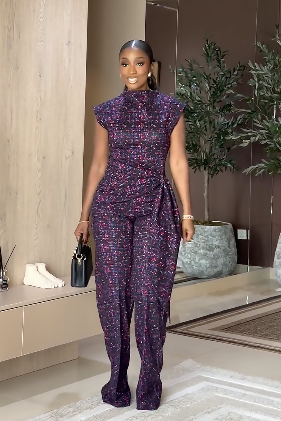 Set pantaloni cu talie înfășurată și imprimeu mozaic mov