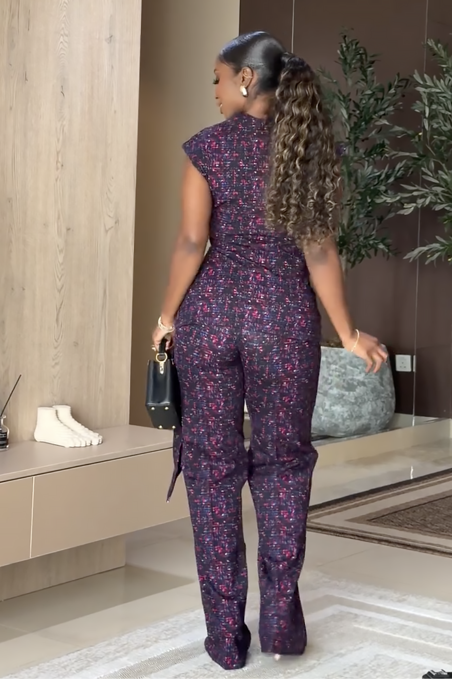 Set pantaloni cu talie înfășurată și imprimeu mozaic mov