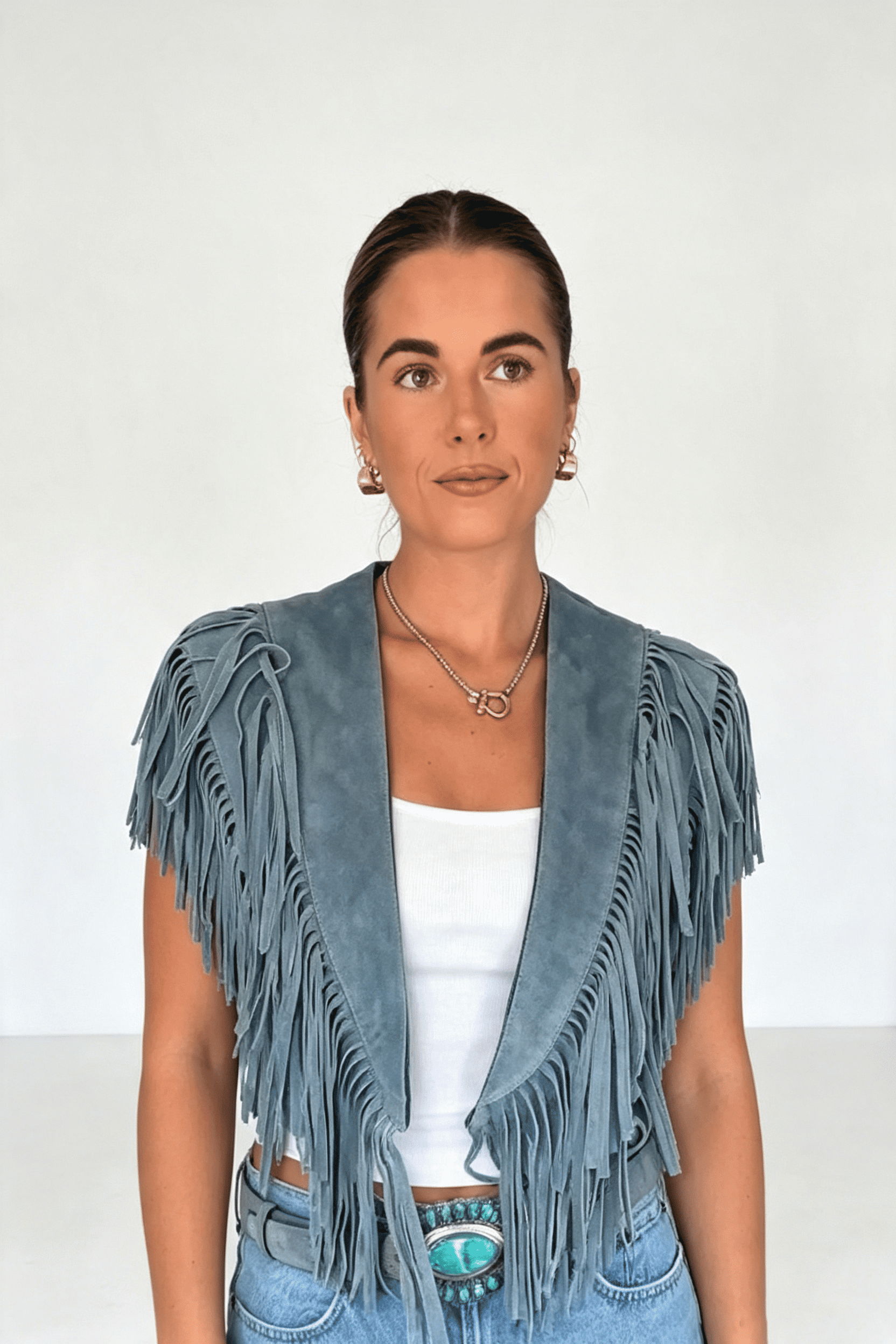 Rochie mini din piele întoarsă ecologică cu franjuri în stil halter