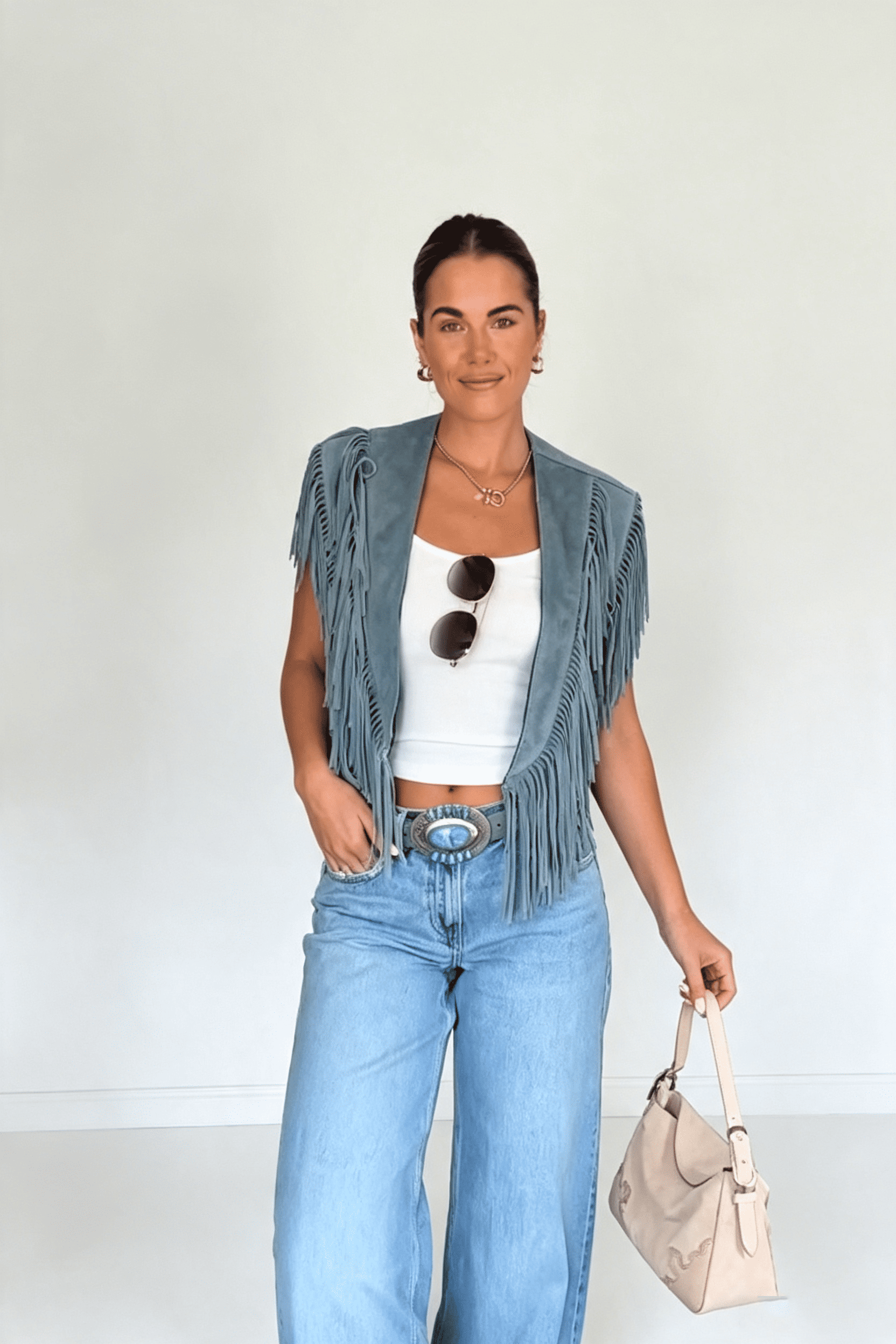 Rochie mini din piele întoarsă ecologică cu franjuri în stil halter