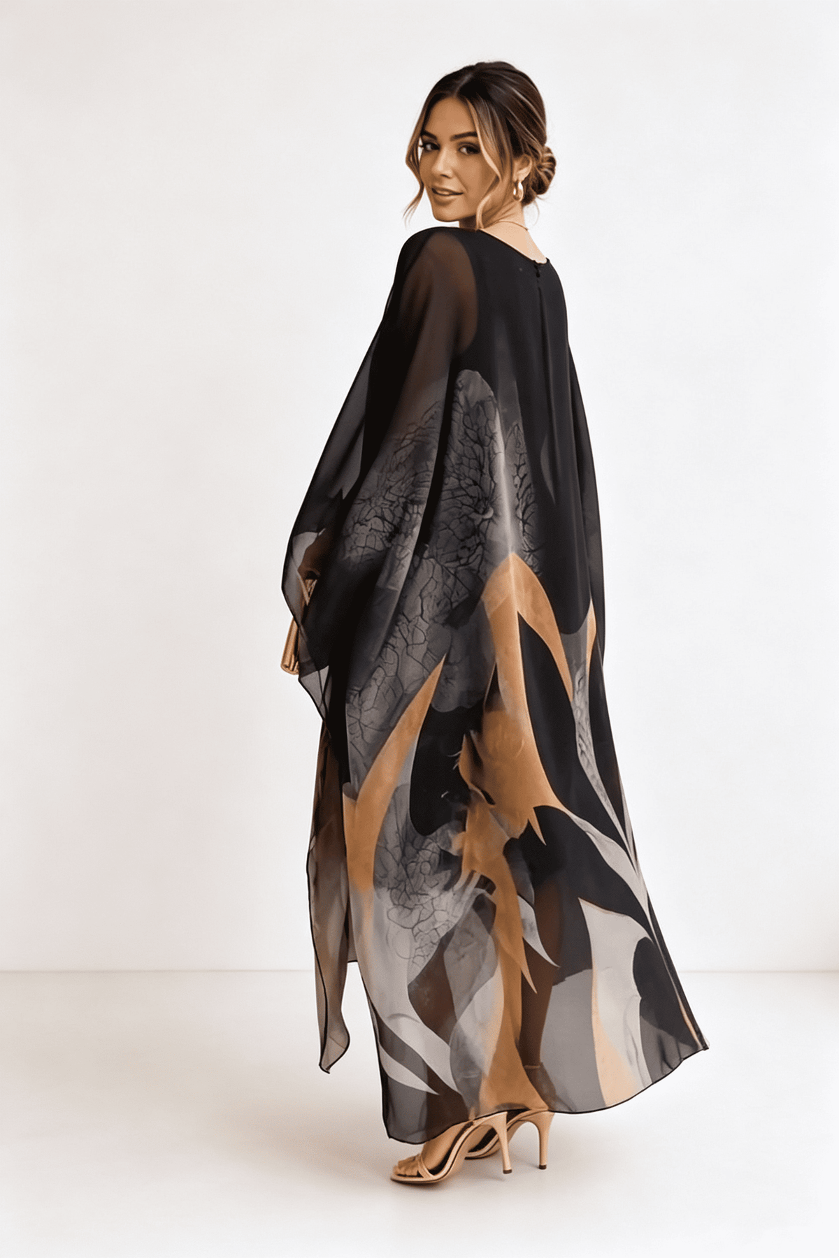 Schwaarz-Gro-Gëll Gedréckte Kaftan Maxi-Kleed