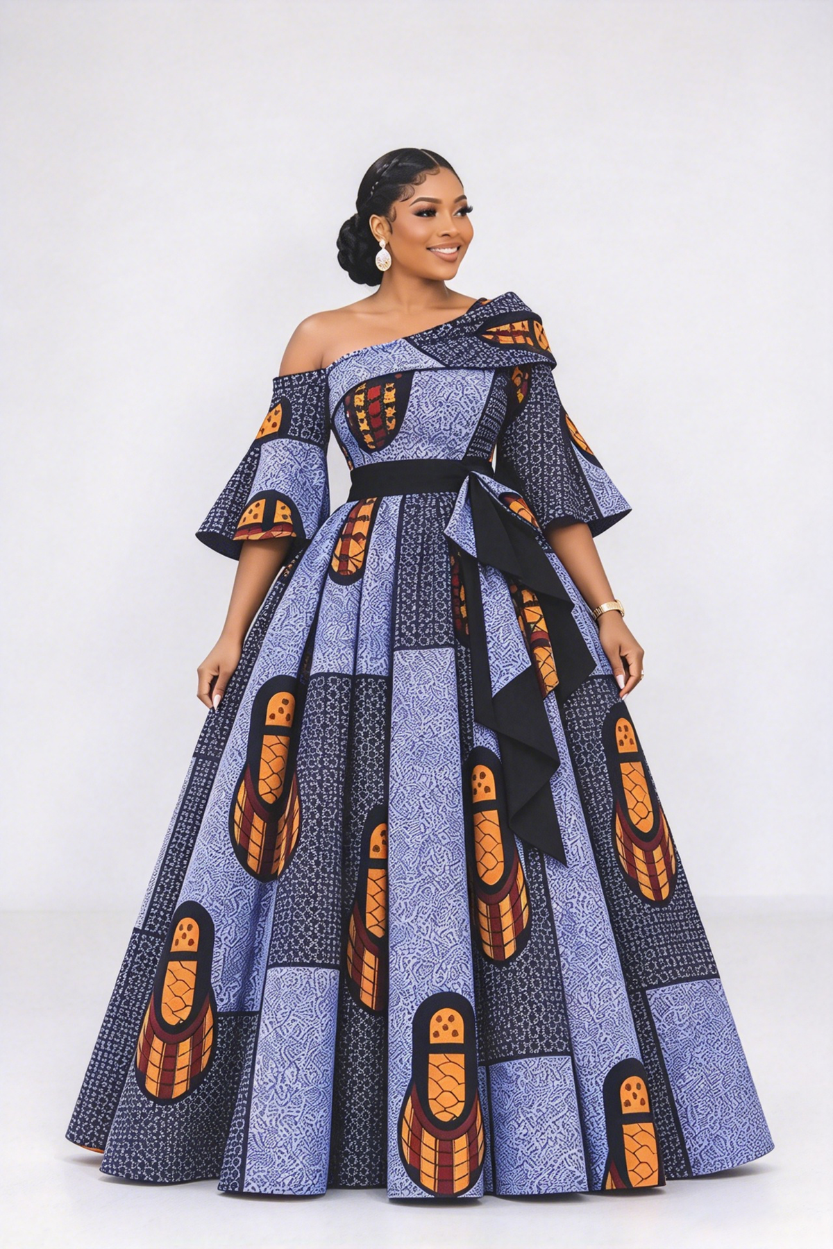 One Shoulder Print Voluminous Maxi Dress