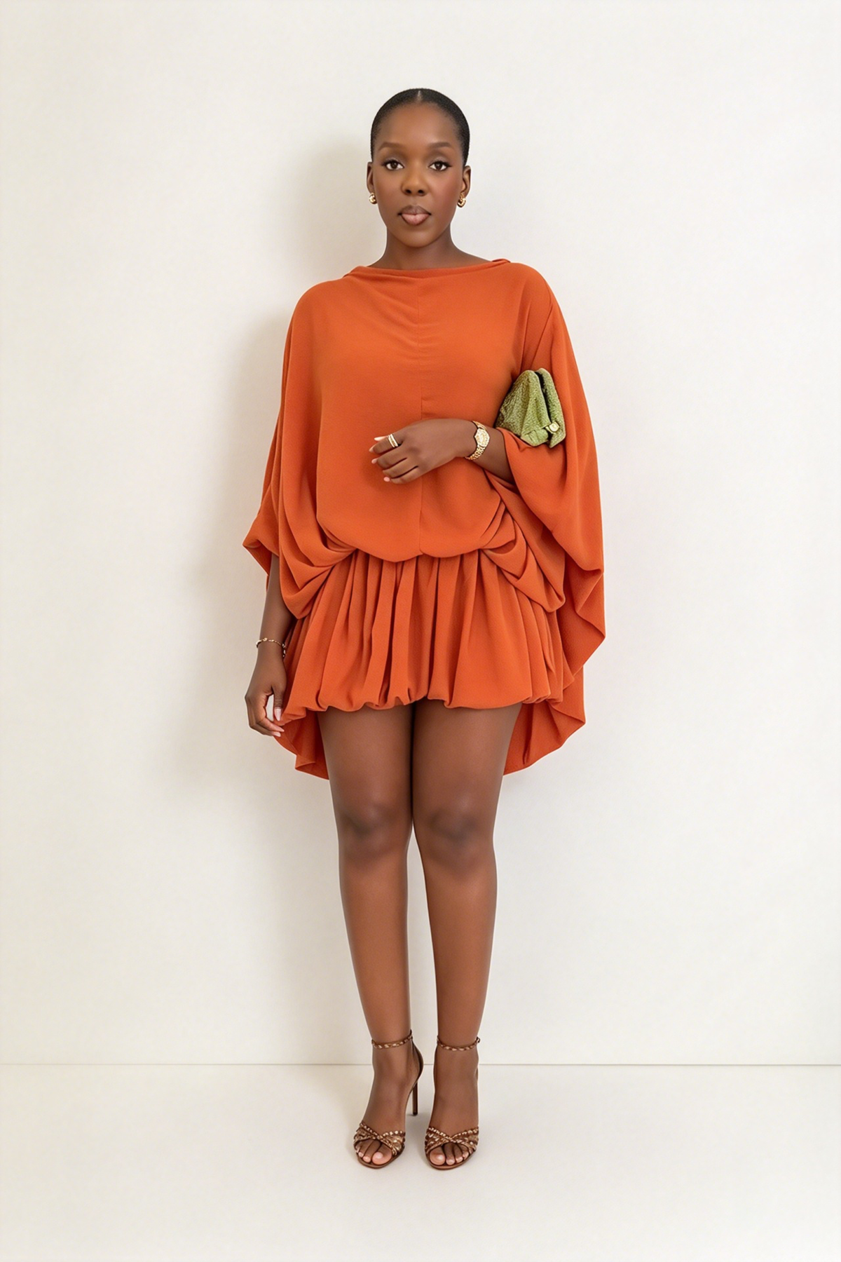 Orange Loose-Sleeve Ruched Size Mini Dress