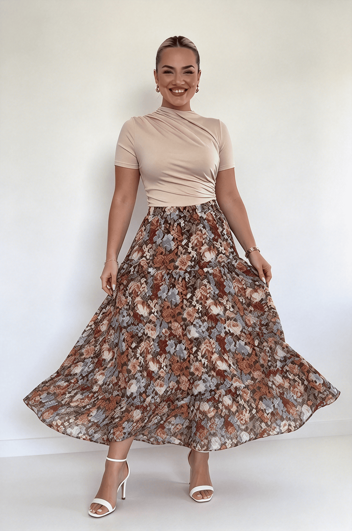 Vintage maxiskjørt med blomstermotiv i oljemaleristil