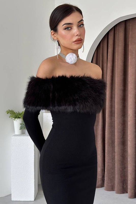 Fur Collar Off-shoulder Midi Dress