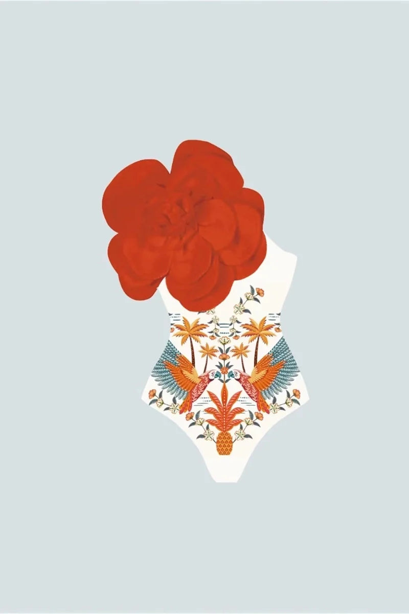 Floral Print One-Piece with 3D Flower Detail