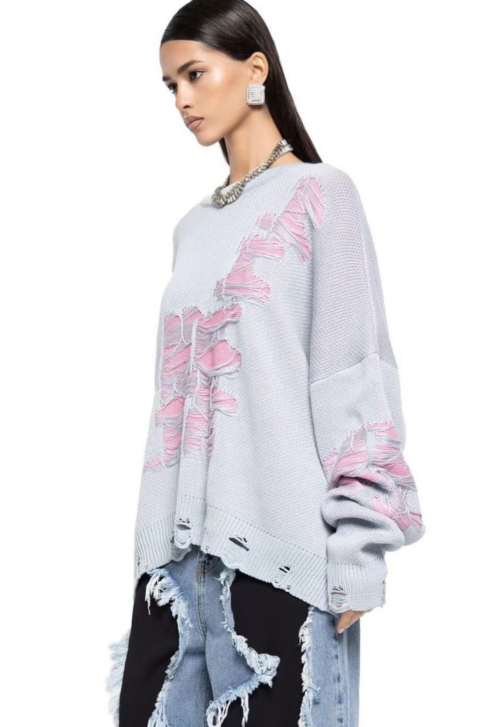 Colorblock Ripped Relaxed Sweater