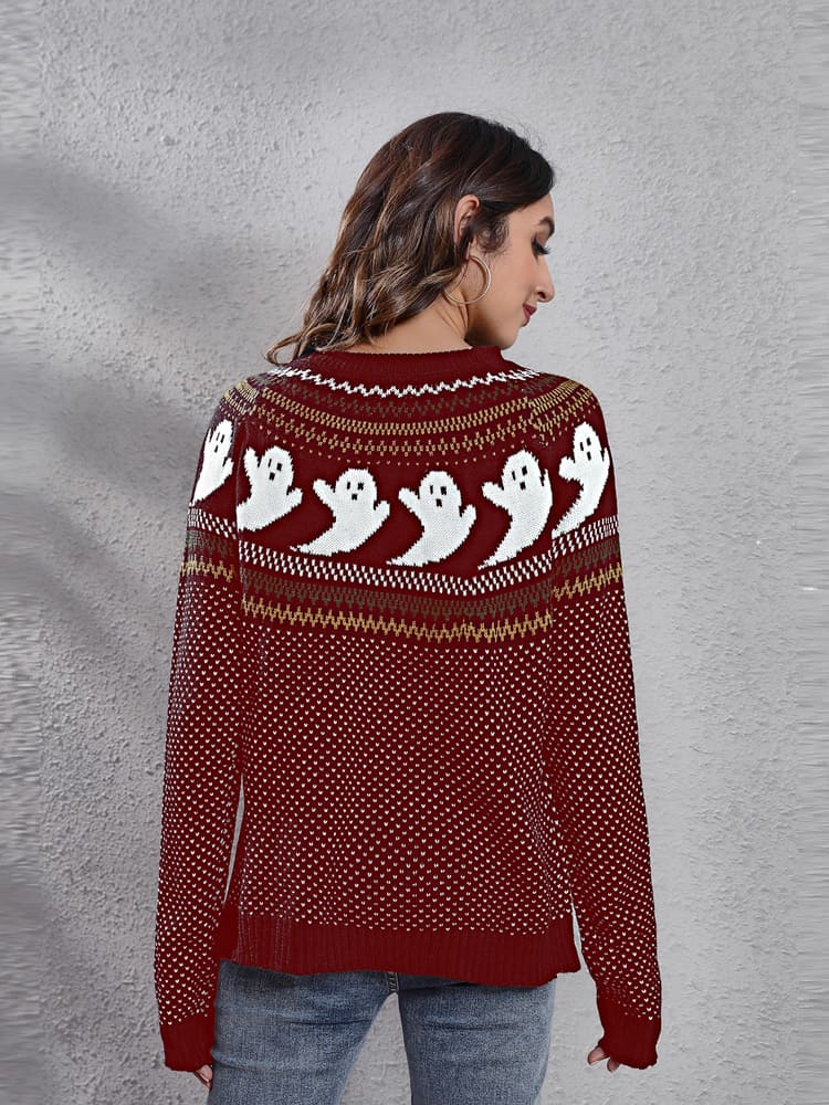 Litterært retro spøgelsesmønster strikket sweater med rund hals