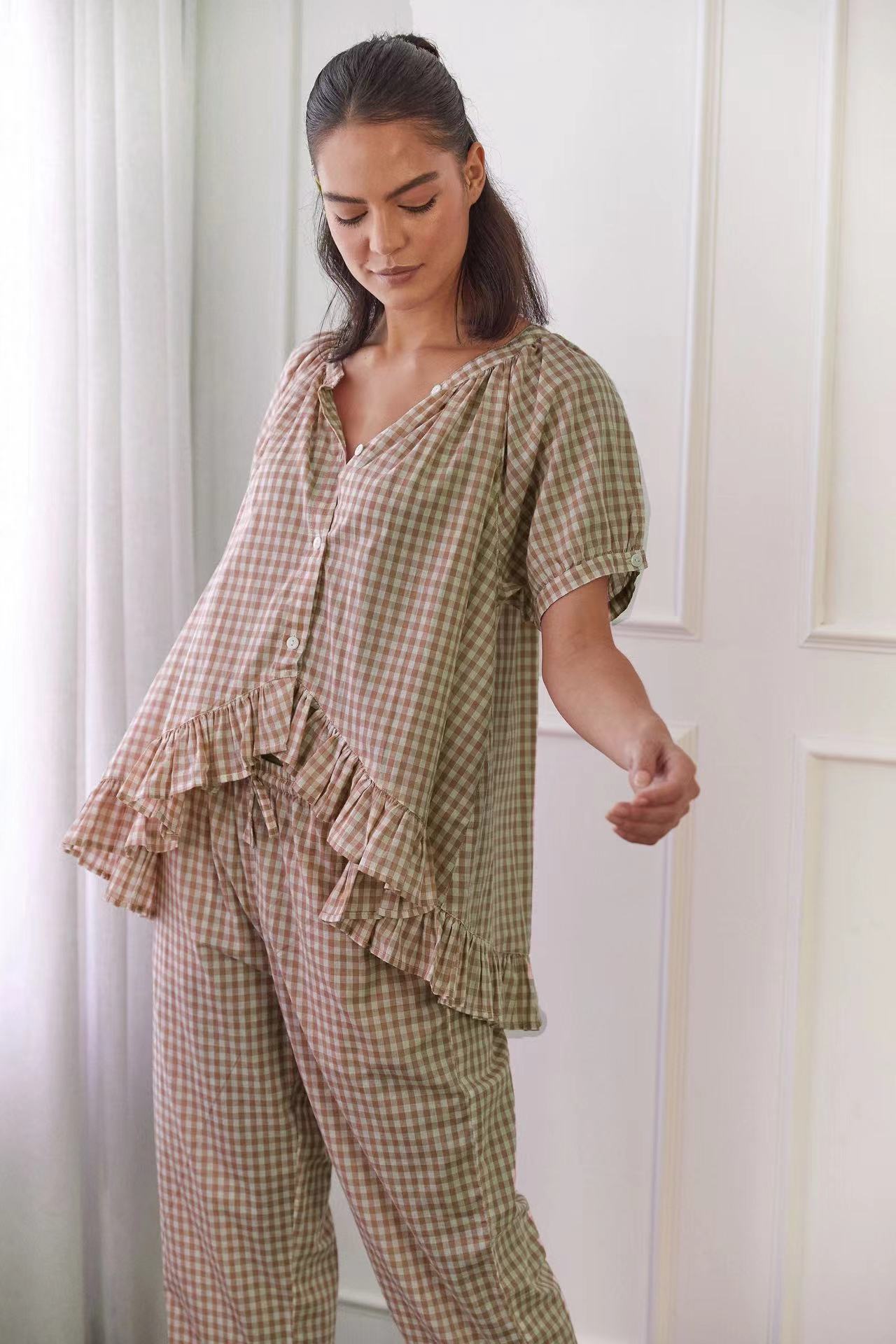 Casual Ruffled Plaid Print Shirt Pajama Set