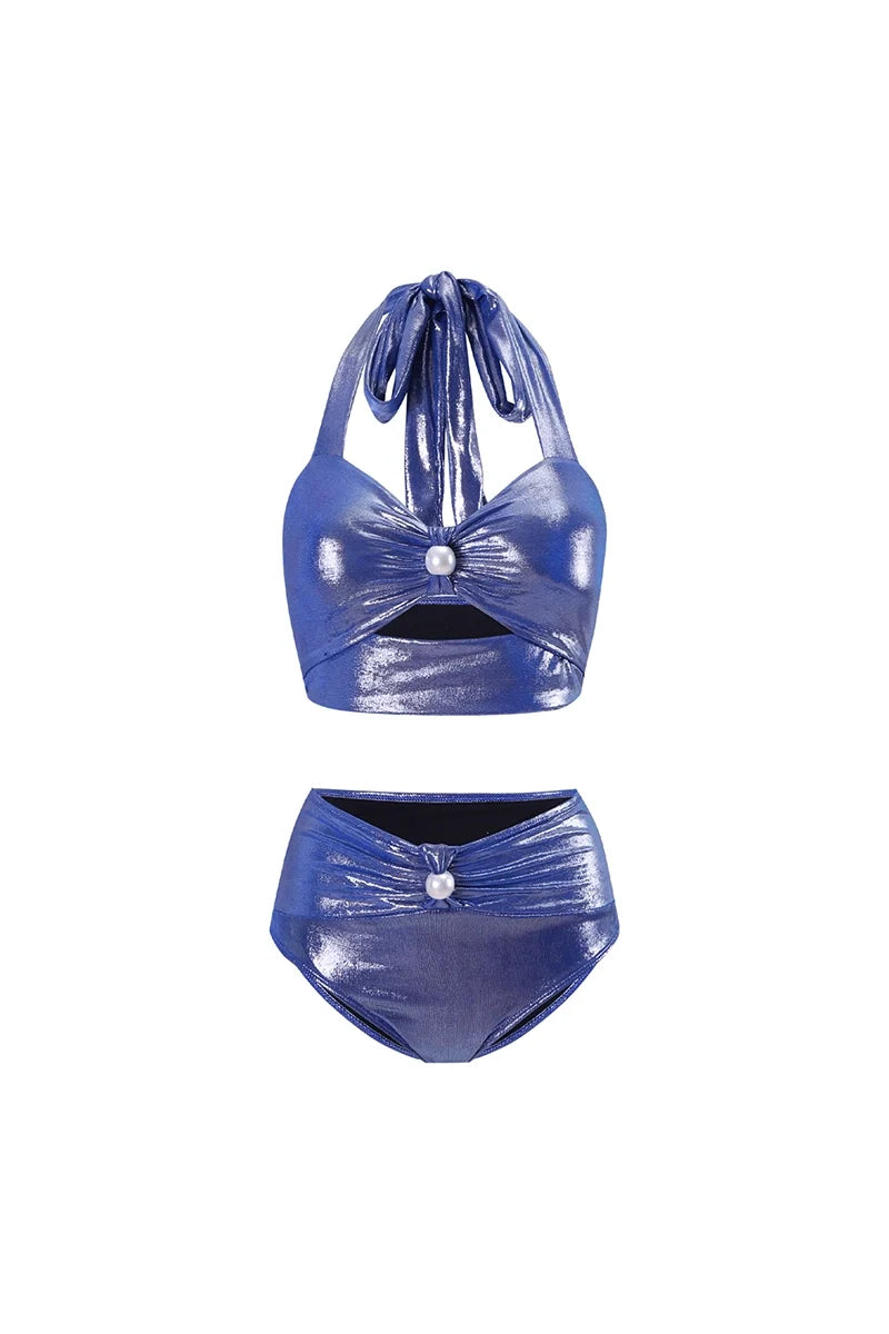 Glossy Mist Deep V Halter Pearl Swimsuit