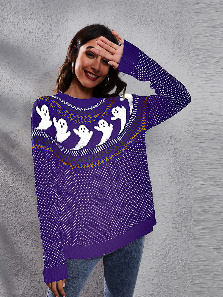 Litterært retro spøgelsesmønster strikket sweater med rund hals