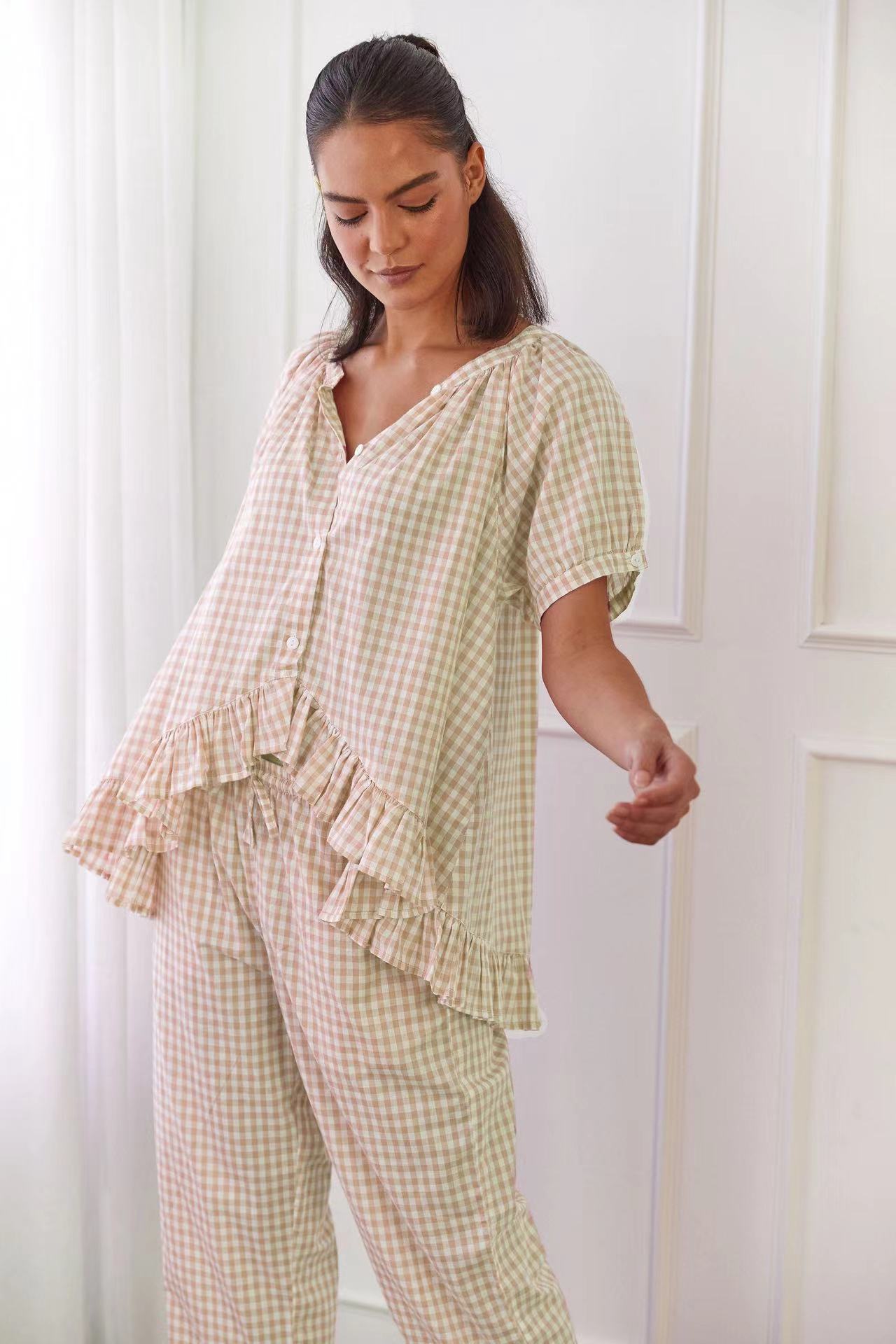 Casual Ruffled Plaid Print Shirt Pajama Set