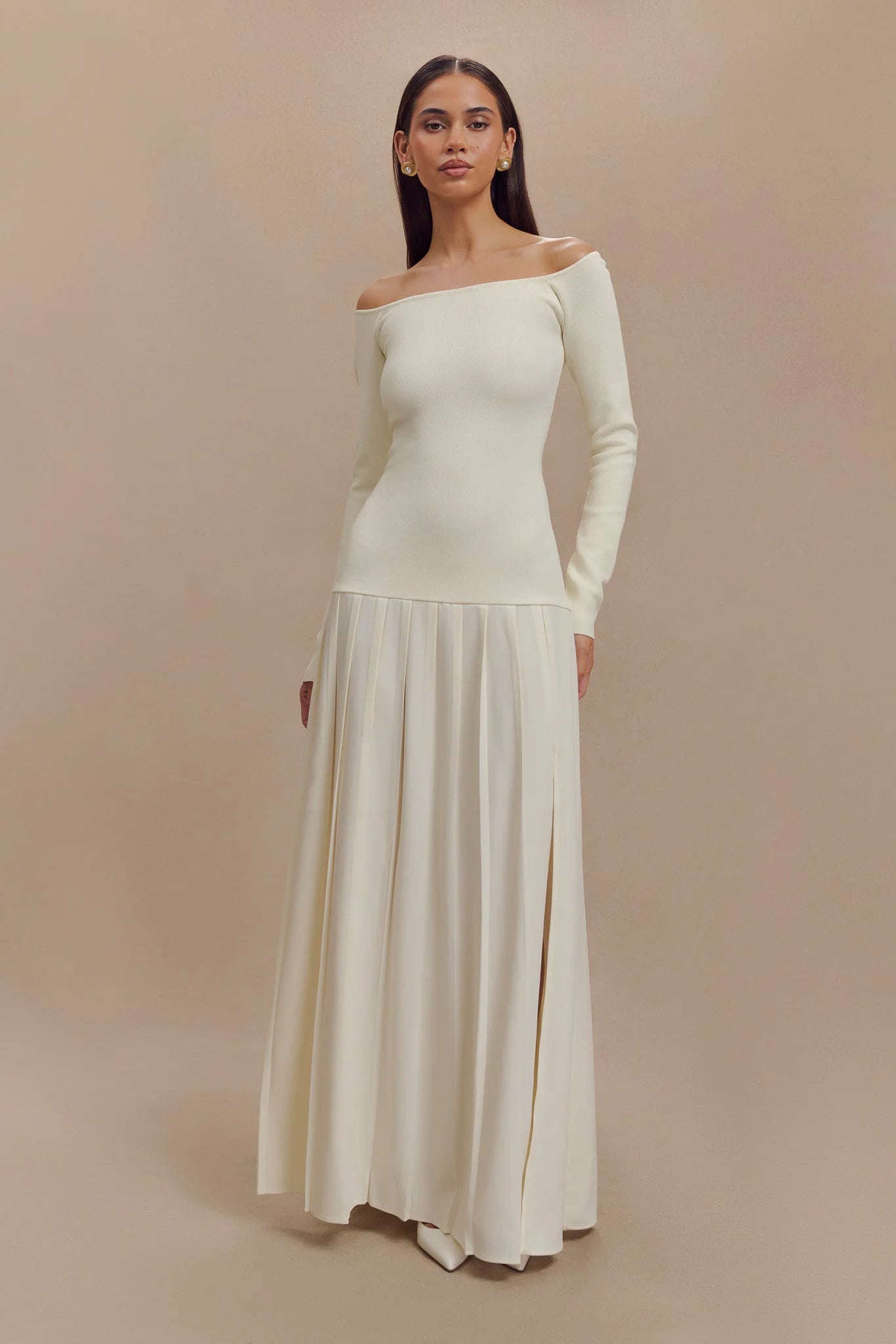 Rochie maxi tricotată cu umeri - Ivory