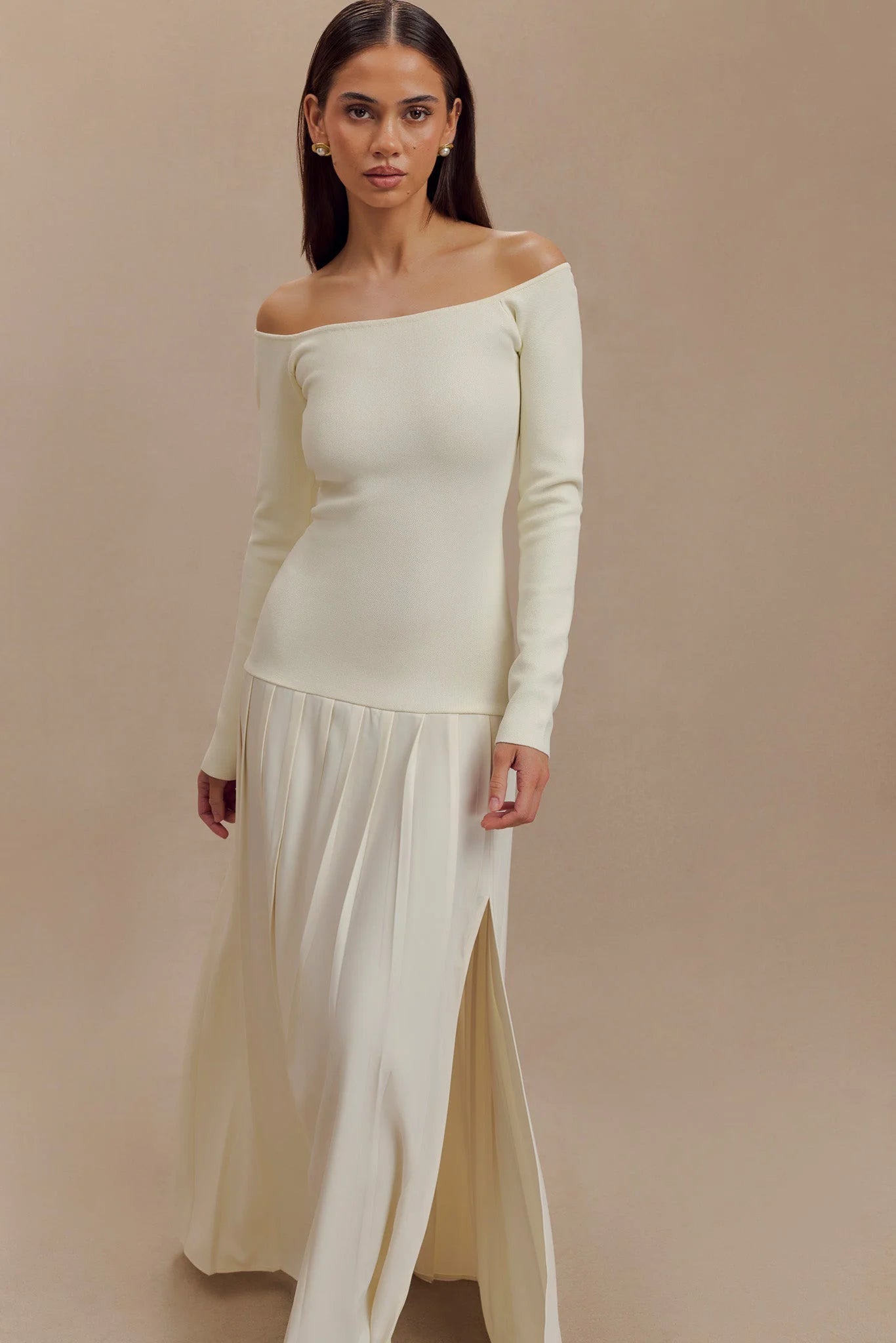 Rochie maxi tricotată cu umeri - Ivory