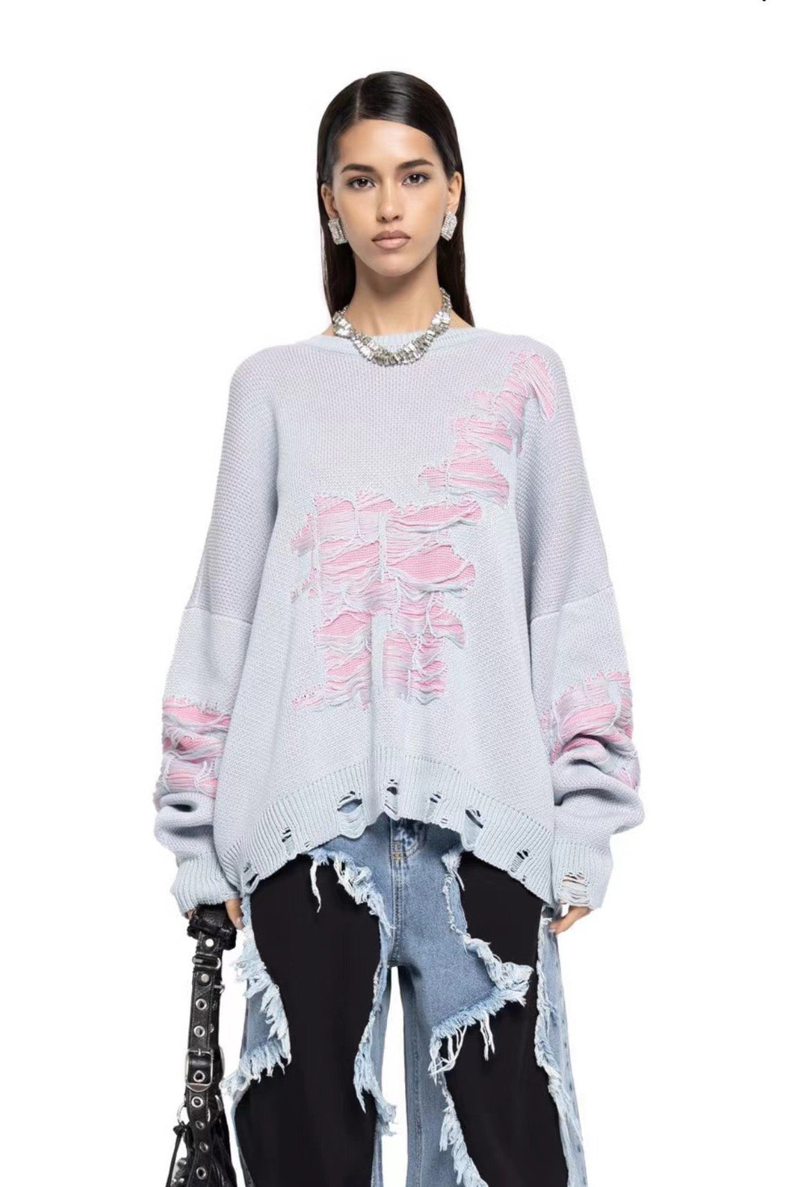 Colorblock Ripped Relaxed Sweater
