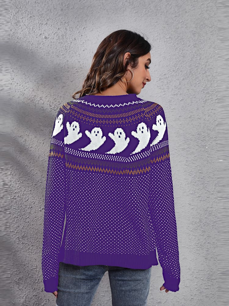 Litterært retro spøgelsesmønster strikket sweater med rund hals