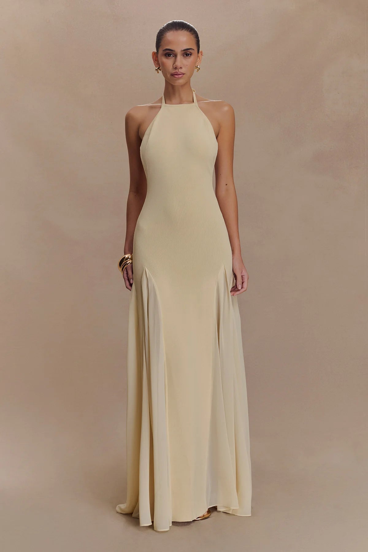 Knit And Mesh Halter Maxi Dress - Cream