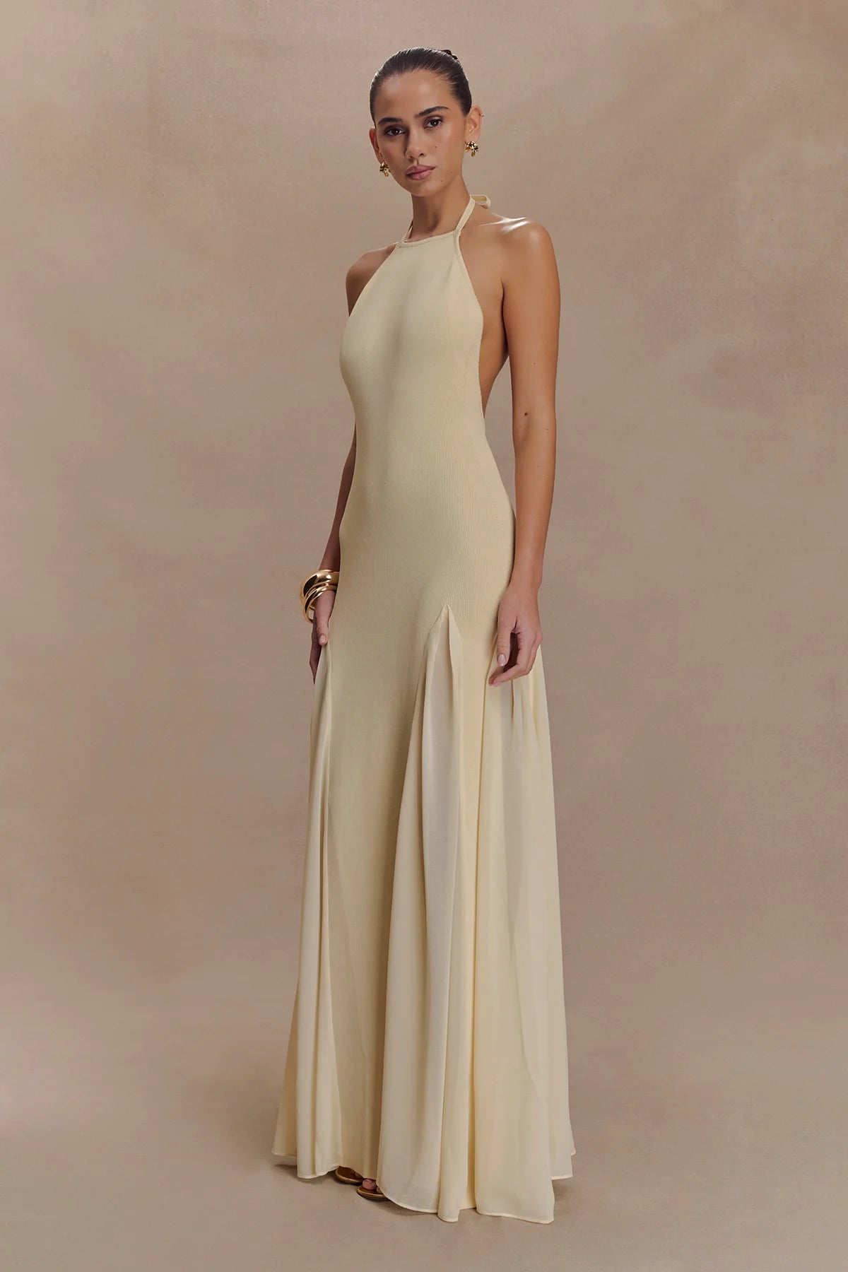 Knit And Mesh Halter Maxi Dress - Cream