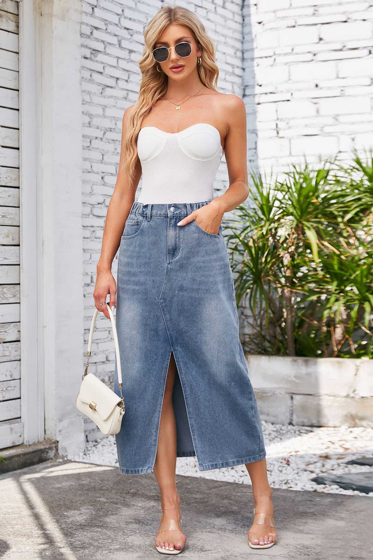 Tvättad elastisk midja denim midi kjol